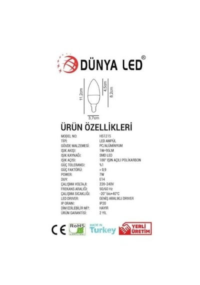 7w E14 Led Ampul 3000k Sarı Işık 4 Adet Paket
