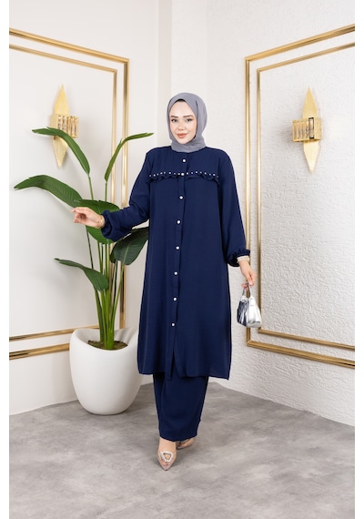 Nevayla Moda Ayrobin Kumaş İnci Detaylı Takım / T105 - Lacivert Lacivert