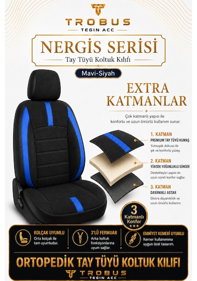 Renault Clio 5 2020 Ve Sonrası Uyumlu Nergis Serisi Mavi Oto Koltuk Kılıfı