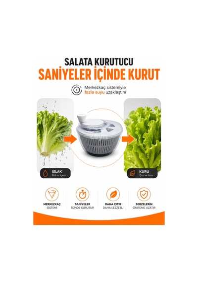 Pratik Salata Kurutucu Manuel Sebze Ve Yeşillik Kurutma Aparatı Büyük Boy Şeffaf Hazneli Çok Renkli