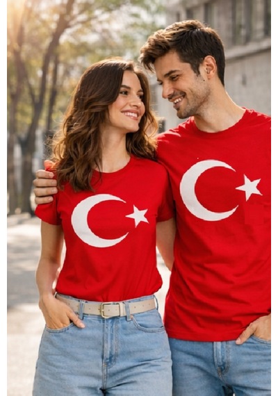 Westicgiyim Unisex Kırmızı Ay Yıldız Türk Bayraklı Tişört T-shirt Kırmızı