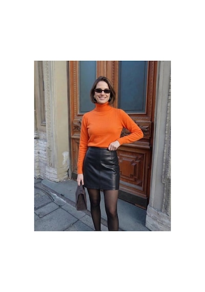 Onno Style Women Düz Balıkcı Yaka Basic Kazak Turuncu