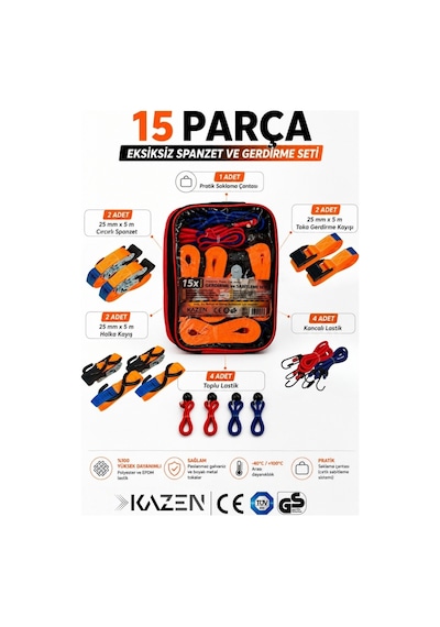 Kazen 15X Parça Spanzet Bagaj Lastiği Gerdirme Halat + Kayış Seti