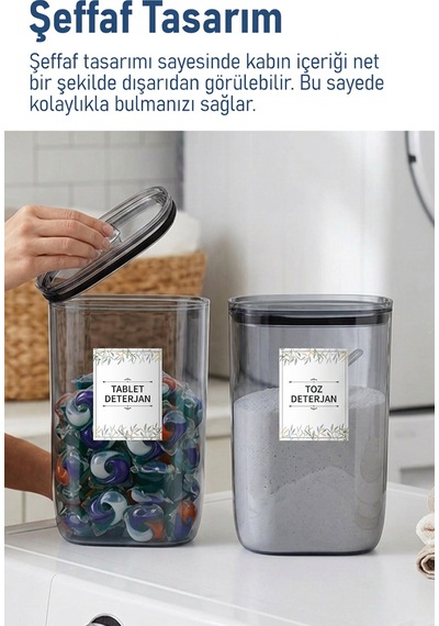 İronika Etiket Hediyeli Sızdırmaz Kapaklı Tablet Toz Deterjan Saklama Kabı 2100 Ml 2 Adet Füme