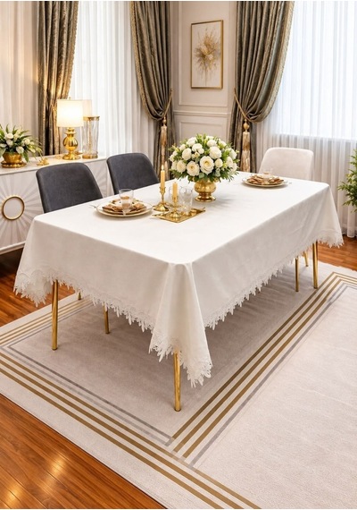 Home Fransız Dantelli Linen Kumaştan Lüks Masa Örtüsü