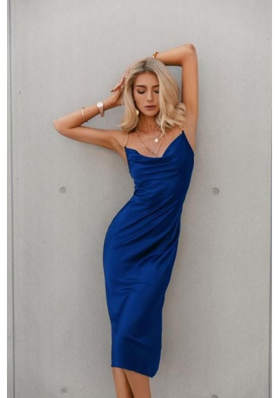 Fashion Cocktail Altın Zincir Askılı Esnek Likralı Saten Uzun Elbise Mavi Mavi