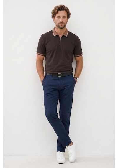 Tudors Erkek Slim Fit Dar Kesim %100 Pamuk Kısa Kollu Yarım Fermuarlı Kahverengi Polo Yaka Tişört-50746