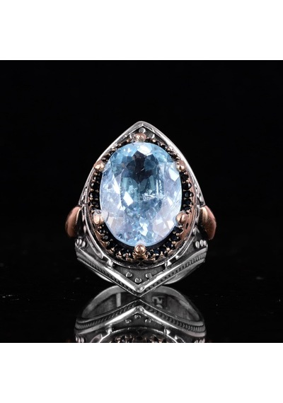 Gerçek Doğal Mavi Londra Topaz Taşlı Yüzük, Gümüş Erkek Kral Yüzüğü Gümüş