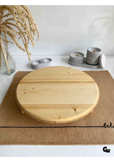 Yuvarlak Doğal Ahşap Sunum Tabağı Ayaklı Düz Ahşap Sunumluk Beyaz Çam Çap:28cm Yük:6,5cm Ş