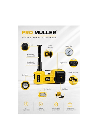 Pro Müller Elektirikli 5 Ton Araba Kriko Kiti 12 V Hidrolik Kriko Bijon Anahtarı Seti Darbe Anahtarlı