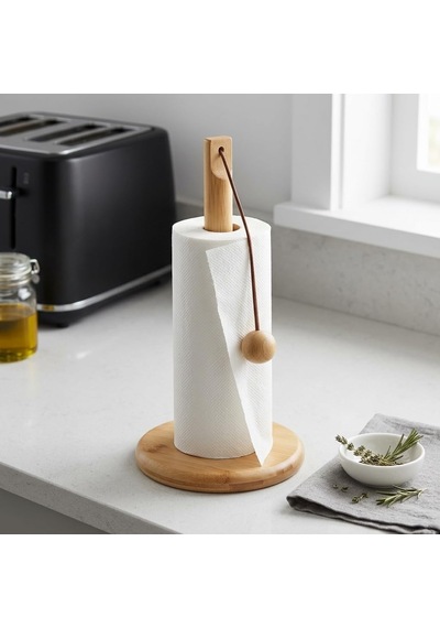 Doğal Bambu Bohem Top Tutacaklı Kağıt Havluluk - Dekoratif Ahşap Stand 30x14 Cm, Kahve Ve Bambu Renk Seçenekli, 1 Adet Doğal Diğer