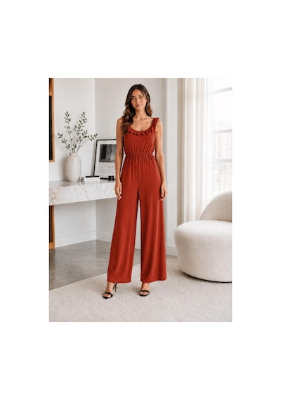 Unika Boutique Kadın Bürümcük Askılı Fırfırlı Bol Paça Tulum Kiremit
