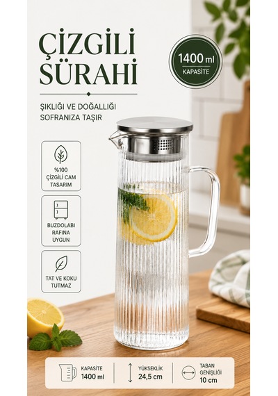 Modern Çizgili Cam Sürahi Paslanmaz Çelik Kapaklı Filtreli Sürahi Su, Limonata, Buzlu Çay Ve Meyve Suyu 1400 Ml
