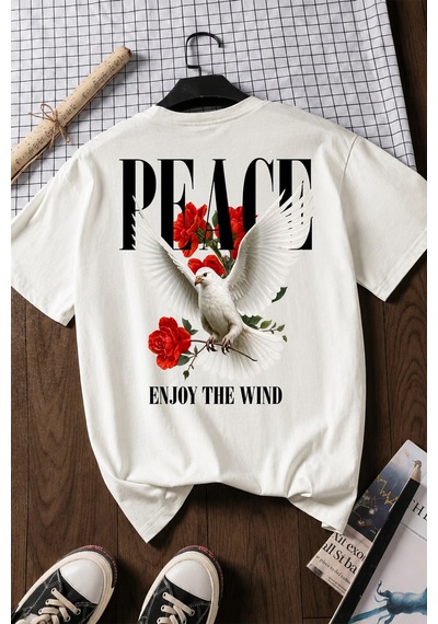 Spoyi Peace Bloom Tasarımlı %100 Pamuk Yarım Oversize Beyaz T-mhirt