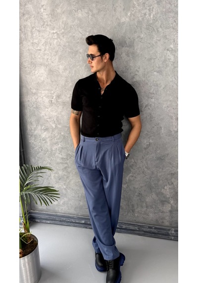 Modefendi Slim Fit Polo Yaka Triko Pamuk Kısa Kollu Gömlek Siyah