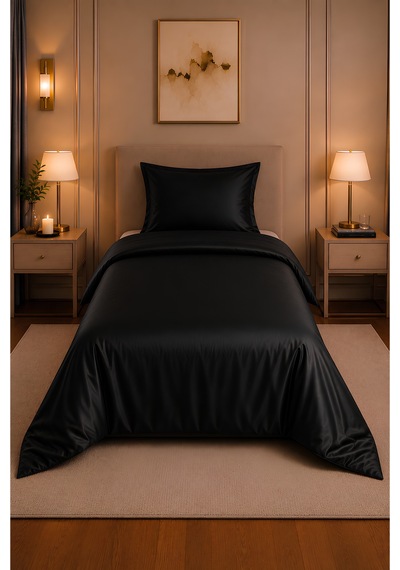 %100 Pamuk Saten Siyah 83 Tel-125 Gsm Tek Kişilik Nevresim Takımı