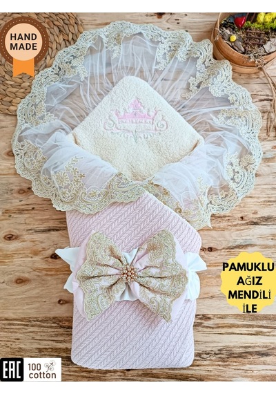 Mint Triko Örgü Bebek Kundağı - Pamuklu & Dantelli Yenidoğan Bebek Battaniyesi Pudra