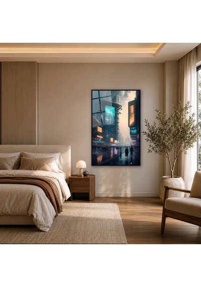 Neon Ekranlı Yağmurlu Cadde Siyah Çerçeveli Cam Tablo