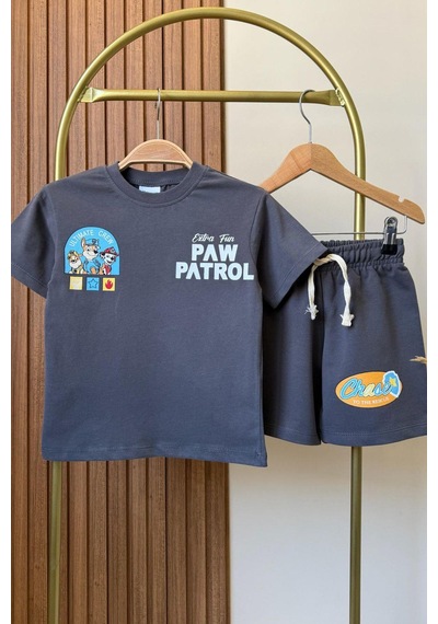 Erkek Çocuk Pamuklu Baskılı Tshirt Ve Şort Alt Üst Takım Antrasit