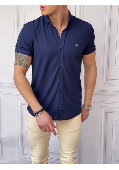 Modefendi Slim Fit Pamuk Örme Polo Yaka Kısa Kollu Gömlek Lacivert