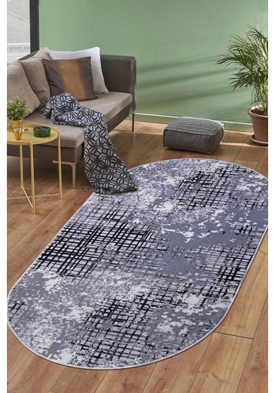 Dijidekor Halı Siyah 8881 Yıkanabilir Saçaksız Oval Kesme İnce Yolluk Kilim Salon Halısı Modelleri Çok Renkli