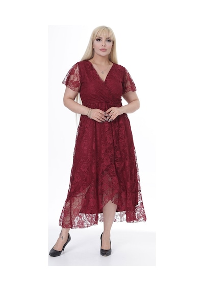 Kruvaze Yaka Büyük Beden Dantel Elbise 10b-2446 Bordo