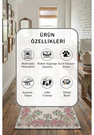 Bahçe Salon Mutfak Yatak Odası Dijital Baskı Yıkanabilir Yolluk Krem