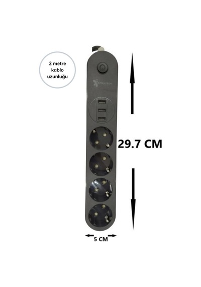 4lü Siyah Anahtarlı 3 Usb Li Akım Korumalı Topraklı Çocuk Korumalı Grup Priz 2 Metre -