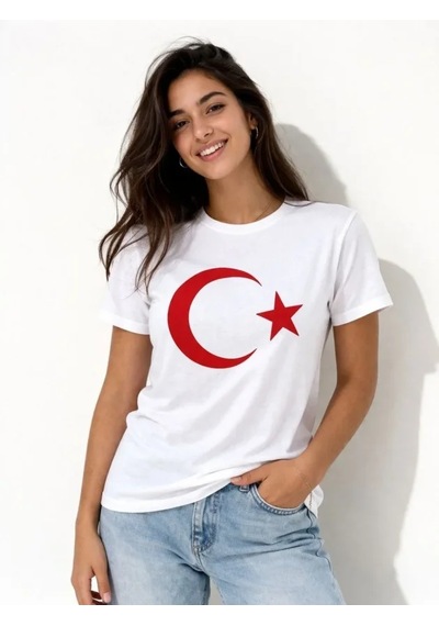 Dogutrend T-shirt Kısa Kol Bisiklet Yaka Ay Yıldız Bayrak Baskılı Tişört - Beyaz