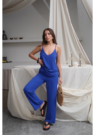 Paw Garage Kadın Shay Saks Ayrobin Ip Askılı Bluz Bol Paça Pantolon Takım, Yaz Yeni Sezon Mavi Paw Garage Kadın Shay Saks Ayrobin Ip Askılı Bluz Bol Paça Pantolon Takım, Yaz Yeni Sezon Mavi