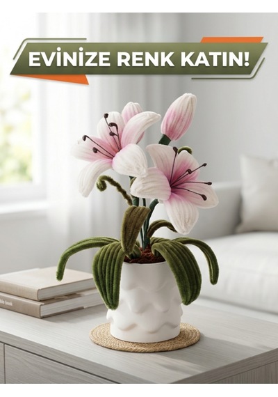 Crystal Coza El Yapımı Şönil Lilyum Çiçeği - Beyaz Saksıda Modern Yapay Zambak Ev Ofis Dekorasyonu 30 Cm Açık Pembe