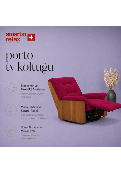 Smarto Relax Porto Tv Koltuğu Elektrikli Masajlı Isıtmalı Döner Sallanan Ahşap Yan Panelli Polyester Kumaş Baba Koltuğu Bordo