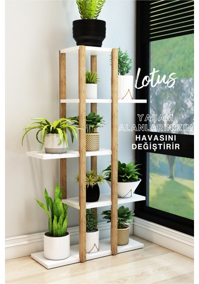 Lotus Beyaz Ahşap 5 Katlı Çiçeklik, Saksılık, Çiçek Standı, Dekoratif Raf / Çok Amaçlı Kullanım Beyaz - 626625396 Beyaz