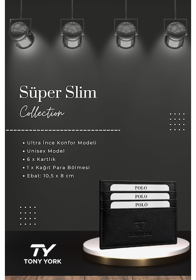 Tony York Orijinal Unisex Süper Slim Özel Kutulu 6 Kredi Kartlı 1 Para Bölmeli İnce Lüks Yumuşak Deri Kartlık siyah