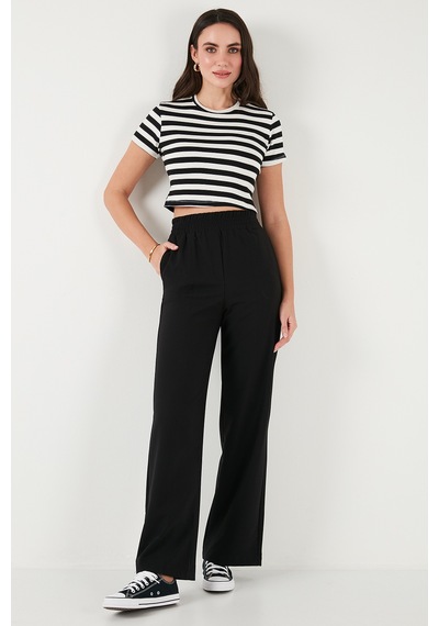 Lela Slim Fit Bisiklet Yaka Çizgili Crop Bayan T Shirt 5866110 Siyah