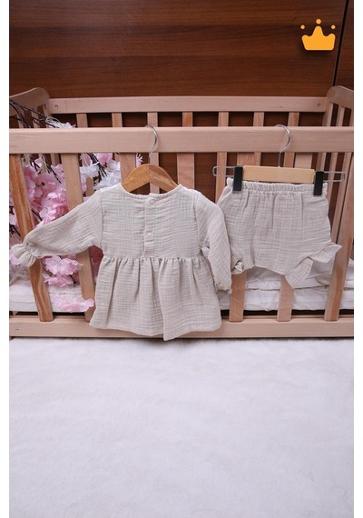 Babyhola Kız Bebek Çocuk Yazlık Elbise Müslin Önlüklü Şortlu Takım 22410 Bej