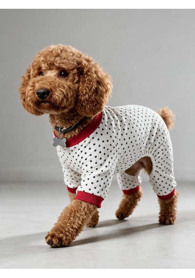 Polka Dot Rouge Minny Köpek Tulumu Siyah Beyaz Puantiyeli Penye Köpek Pijaması