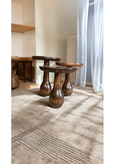 Wood Ahşap 3 Lü Set Vazo Mantar Yan Sehpa Vazo Model / Ceviz Renk / Zigon Sehpa Vernikli Ceviz