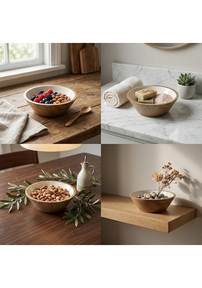 Deconox Mango Ağacı Kase - İçi Krem Emaye Enamel Kaplama 13 Cm Dekoratif Ahşap Sunum Kasesi - Leke Tutmaz Sosluk,