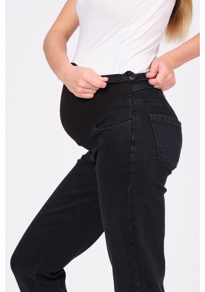 Busa Hamile Esnek Karın Bantlı Mom Fit Kot Pantolon Siyah-siyah