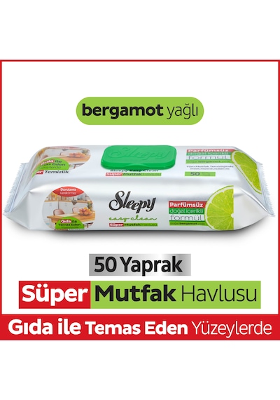 Sleepy Easy Clean Süper Yüzey Temizlik Mutfak Havlusu&mendili Bergamot Yağlı 50 Yaprak Beyaz