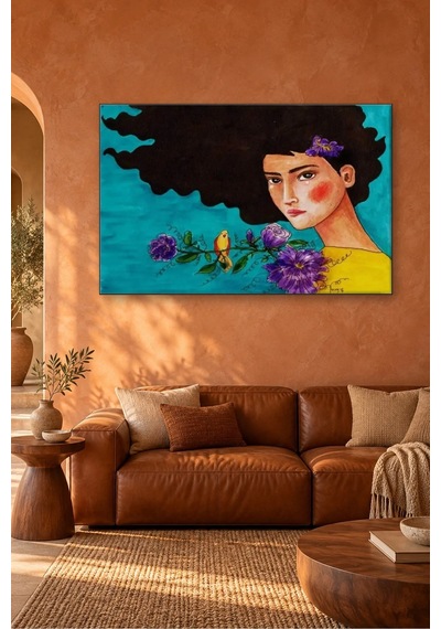Fida Turkuaz Fonda Kuşlu Ve Çiçekli Kara Saçlı Kız Canvas Tablo Çok Renkli