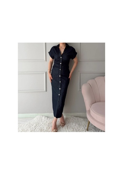 Deniz Beli Büzgülü Düğme Detaylı Denim Elbise Mavi Mavi