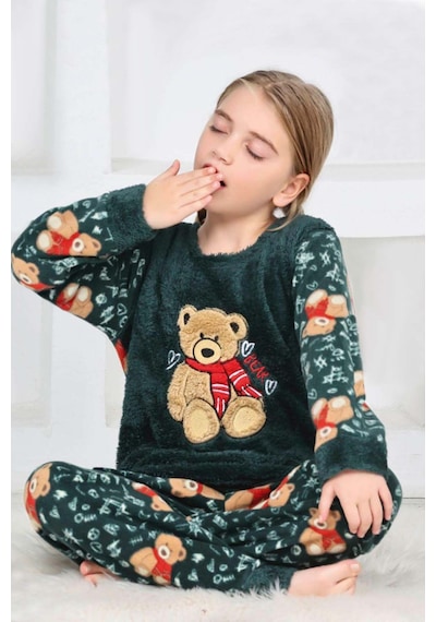 Kız Çocuk Göz Bantlı Peluş Polar Pijama Takımı Koyu Yeşil