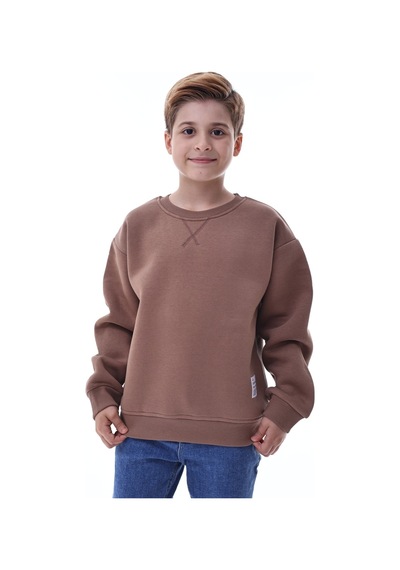 Erkek Çocuk Sweatshirt %100 Pamuk Rahat Kalıp 5-10 Yaş Kahverengi