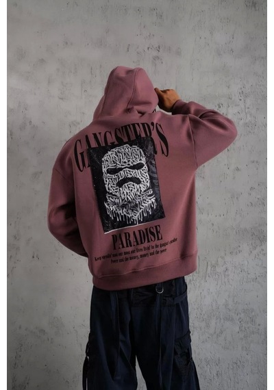 Erkek Paradise Baskılı Kapüşonlu Sweat - Gül Kurusu Gülkurusu