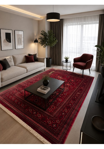 Afgan Türkmen Otantik Desenli Dokuma Salon Ve Oturma Odası Halısı Bordo