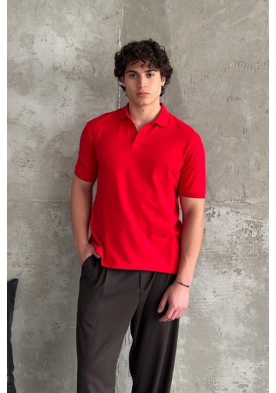 Erkek %100 Pamuk Düğmeli Polo Yaka T-shirt Kırmızı