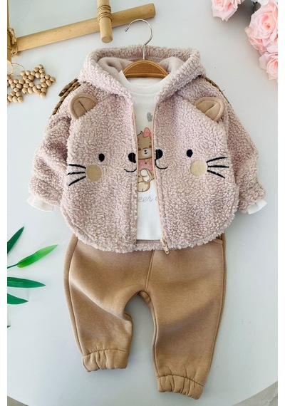 Minigimin Cicileri Kedi Figürlü Peluş Ceketli, Baskılı Tişörtlü Ve Fırfır Paçalı Kız Bebek 3 Lü Takım - Bej Minigimin Cicileri Kedi Figürlü Peluş Ceketli, Baskılı Tişörtlü Ve Fırfır Paçalı Kız Bebek 3 Lü Takım - Bej
