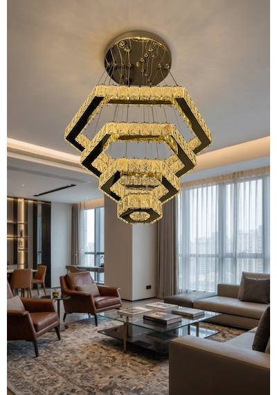 Diamond 4 Katlı Kristal Taşlı Modern Sarkıt Led Avize Çok Renkli